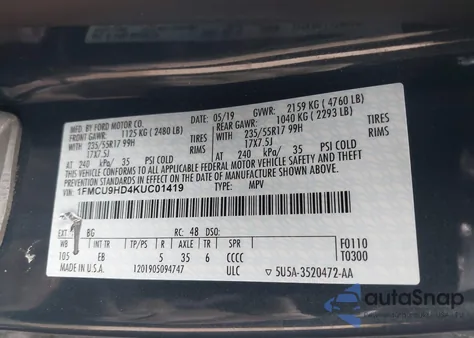 2019 Ford Escape Sel из США, поврежденный, VIN 1FMCU9HD4KUC01419